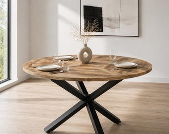 Modern Round Solid Mango Wood Dining Table with Cross Metal Base