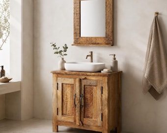 Rustic Sink Cabinet Set, Solid Mango Wood Bathroom Vanity Cabinet with Mirror