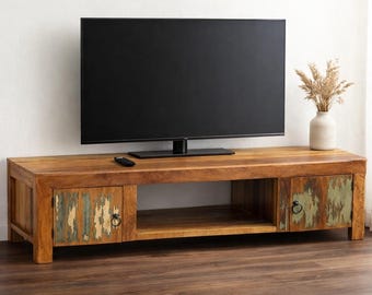 Vintage Solid Reclaimed Wood TV Cabinet – Media Console with 2 Doors & Shelf, Entertainment Unit