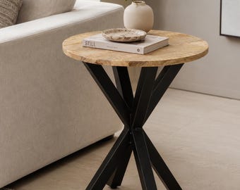 Round Mango Wood Accent Table - Industrial Side Table with Metal Legs