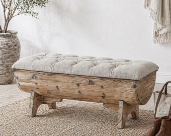 Rustic Solid Fir Wood Storage Bench with Upholstered Seat