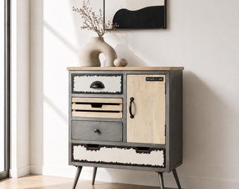 Mid-Century Solid Mango Wood Sideboard with Mixed Drawer Fronts and Metal Legs (5 Storage Sections)