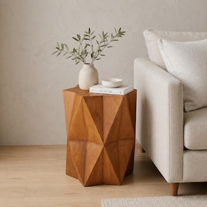 Handcrafted Solid Mango Wood Geometric End Table - Hexagonal Block Accent Table