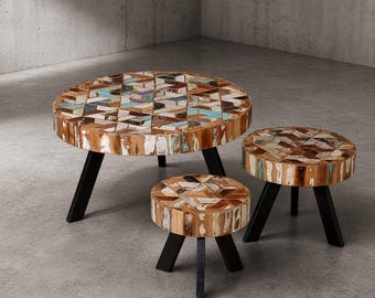 Rustic Solid Reclaimed Wood Coffee Table Set (3 pcs) – Round Nesting Tables