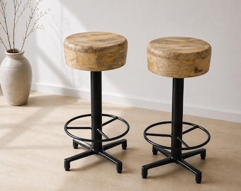 Set of 2 Solid Mango Wood Bar Stools — Industrial Style with Iron Base