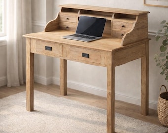 Rustic & Primitive Solid Teak Wood Secretary Desk with Drawers and Storage Compartments