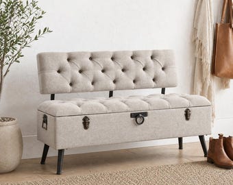 Upholstered Storage Bench with Backrest in Cream Fabric