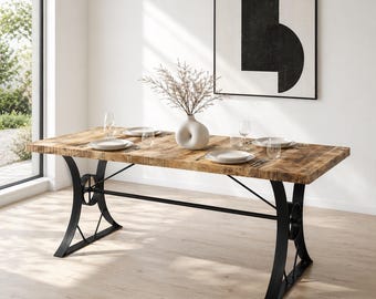 Industrial Solid Mango Wood Dining Table with Decorative Metal Base