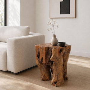 May include: A rustic, square wooden side table with a natural, textured finish. The table has a unique, organic shape with visible knots and grain. A small, light-colored vase and a dark bowl sit on top. The table is next to a cream-colored sofa.