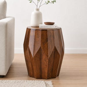 Solid Mango Wood Drum End Table - Dark Brown Sculpted Side Table
