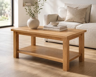 Rustic Solid Oak Wood Coffee Table with Open Storage Shelf