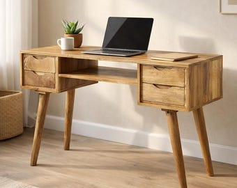Rustic Mango Wood Writing Desk 115 cm Desk with 4 Drawers and Shelf