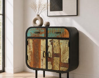 Vintage Industrial Solid Reclaimed Wood Sideboard with Metal Frame (2 Doors & 2 Drawers)