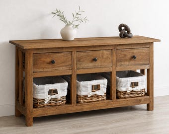 Solid Mahogany Wood Sideboard with Rattan Baskets — Rustic Vintage Style 3 Drawers