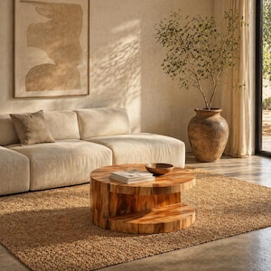 May include: A living room scene featuring a light-colored sectional sofa, a round wooden coffee table, and a woven rug. The coffee table has a lower shelf and holds a bowl and a book. A large vase with a plant sits in the corner.