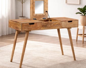 Mid-Century Solid Mango Wood Dressing Table with Mirror and Drawers