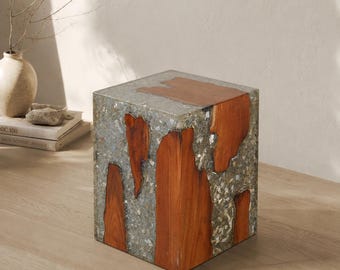 Handmade Teak Wood Resin Stool, Rustic Side Table or Footrest