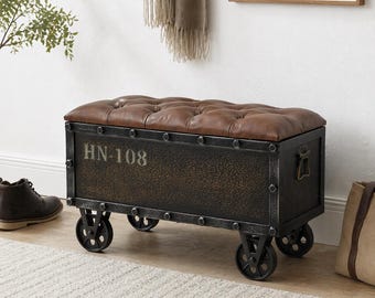 Industrial Vintage Trunk Storage Bench with Wheels and Faux Leather Seat