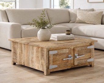 Rustic Solid Mango Wood Coffee Table with 2 Storage Cabinets