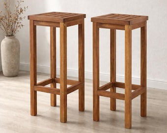 Set of 2 Solid Acacia Wood Outdoor Bar Stools — Natural Style with Footrest