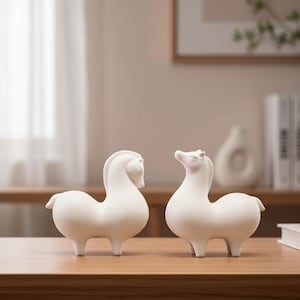 May include: Two white ceramic horse figurines. The horses are stylized with rounded bodies and short legs. One horse faces left, the other looks up. They are displayed on a wooden table, suggesting a decorative or home decor theme.