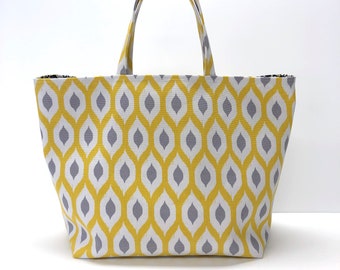 Tote Bag, Fully Lined, Yellow/Gray Ikat Cotton Duck, Inner Zipper Pocket