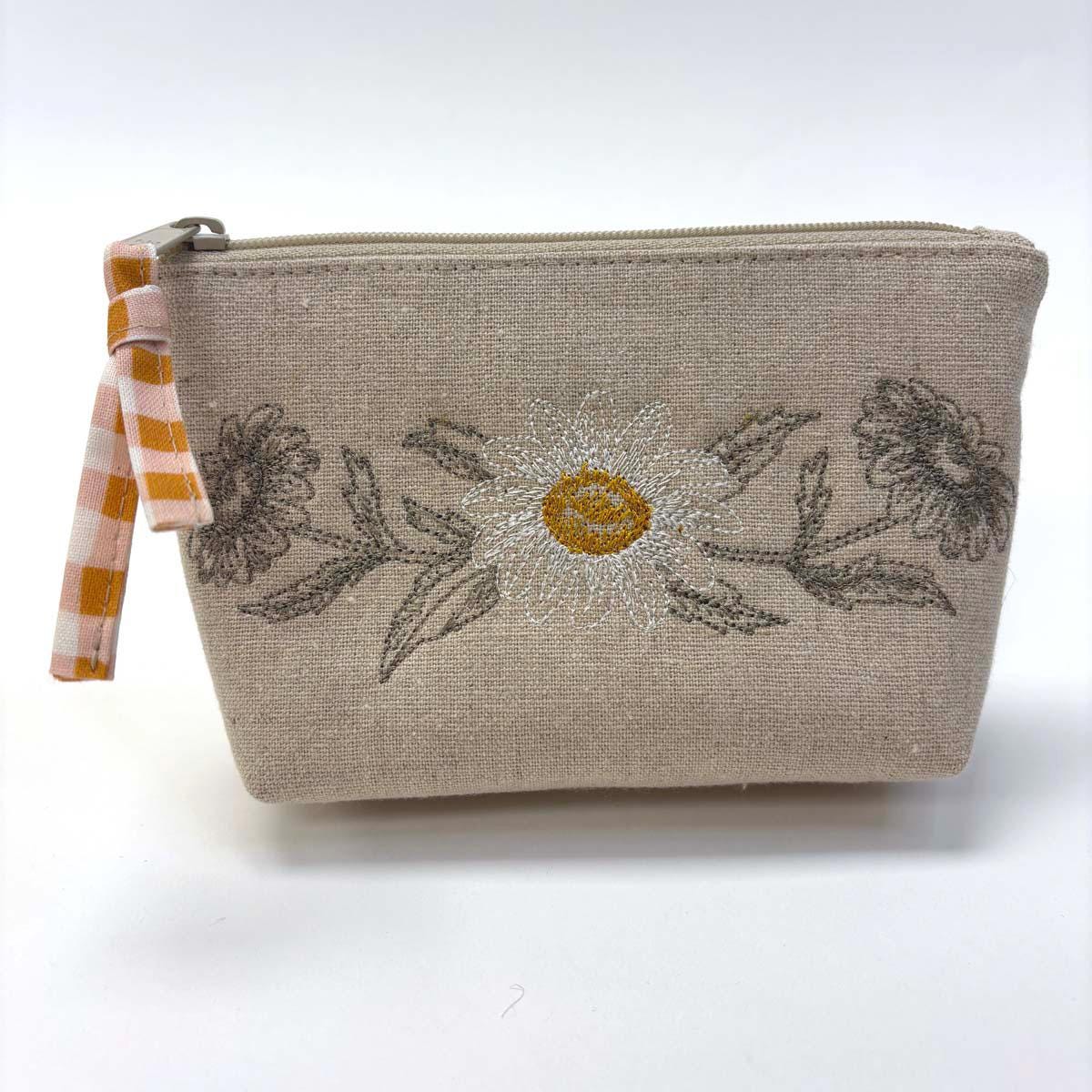 Embroidered Linen Notions Pouch, Small Zipper Bag, Gift for Knitter