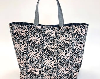 Medium Chubby Tote Bag, Fully Lined with Zipper Pocket, Blush Beige and Dark Blue Floral Canvas, Project Tote, Shopper