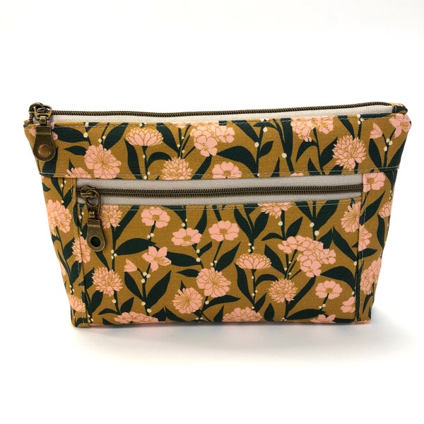 Handmade Linen/Cotton Canvas Zipped Clutch Bag, Light Peach, Off-white, Dark Green Floral Print on Gold Background