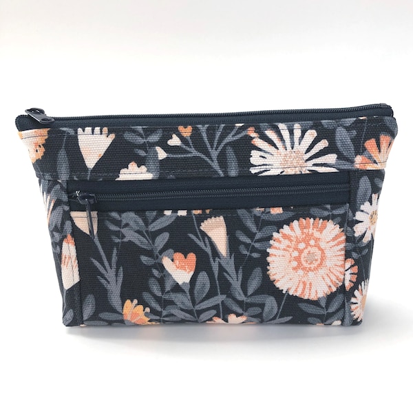 Handmade Cotton Canvas Zipped Clutch Bag, Peach, Blue and White Floral on a Dark Blue Background