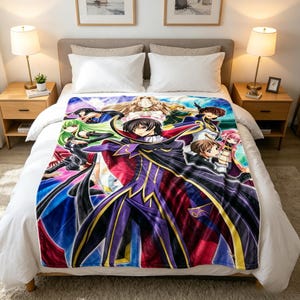 Könnte beinhalten: Eine farbenfrohe Decke mit Anime-Charakteren in einem lebendigen Design. Die Decke zeigt eine Vielzahl von Charakteren mit detaillierten Kunstwerken, vor einem Hintergrund aus Blau-, Lila- und Rottönen. Die Decke ist über ein Bett gelegt.
