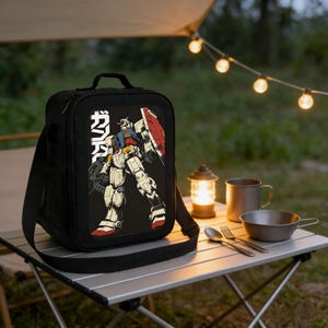 May include: Black lunch bag with a shoulder strap featuring a colorful illustration of a robot with Japanese text. The bag has a handle and a side pocket. The image is set outdoors with camping gear.