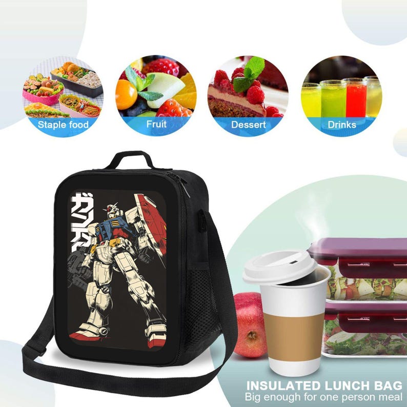 May include: Black insulated lunch bag with a shoulder strap. The bag features a graphic of a robot with Japanese text. The image also shows examples of food: staple food, fruit, dessert, and drinks. Text on the bag reads "INSULATED LUNCH BAG Big enough for one person meal."