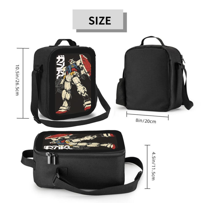 May include: Black lunch bag with a graphic of a robot holding a shield. The bag has a top handle and a shoulder strap. It measures 10.5 inches high, 8 inches wide, and 4.5 inches deep.