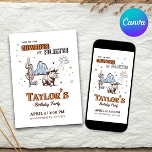 May include: A white invitation and a smartphone screen display a birthday party announcement. The design features a cowboy pig, a cactus, and a UFO, with the text "Cowboys vs Aliens" and "Taylor's Birthday Party".