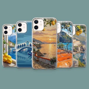 May include: Five phone cases with Italian landscape art. Each case displays a different scene, including coastal views, bridges, and tennis courts. The designs are vibrant and detailed, capturing the essence of the Italian landscape.