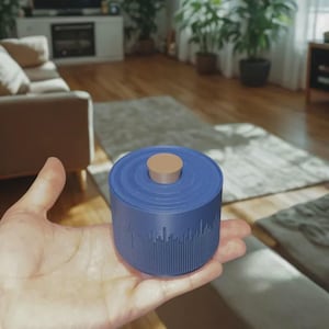 Könnte beinhalten: Ein blauer zylindrischer Behälter mit braunem Deckel wird in einer Hand gehalten. Der Behälter hat ein geriffeltes Design um die Basis, das einer Stadtlandschaft ähnelt. Der Deckel ist ein kleiner, flacher Zylinder. Das Objekt befindet sich in Innenräumen.