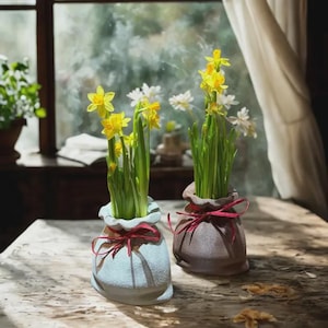 Könnte beinhalten: Zwei kleine, dekorative Pflanzgefäße, eines hellblau und eines braun, gefüllt mit gelben Narzissen und weißen Blumen. Die Pflanzgefäße sind mit roten Bändern gebunden. Die Szene spielt auf einem Holztisch in der Nähe eines Fensters.