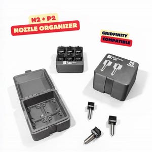 May include: A gray nozzle organizer with the text "H2 + P2 NOZZLE ORGANIZER" and "GRIDFINITY COMPATIBLE". The image shows several gray storage containers and nozzles. The open container has a hinged lid. The nozzles are silver and black.