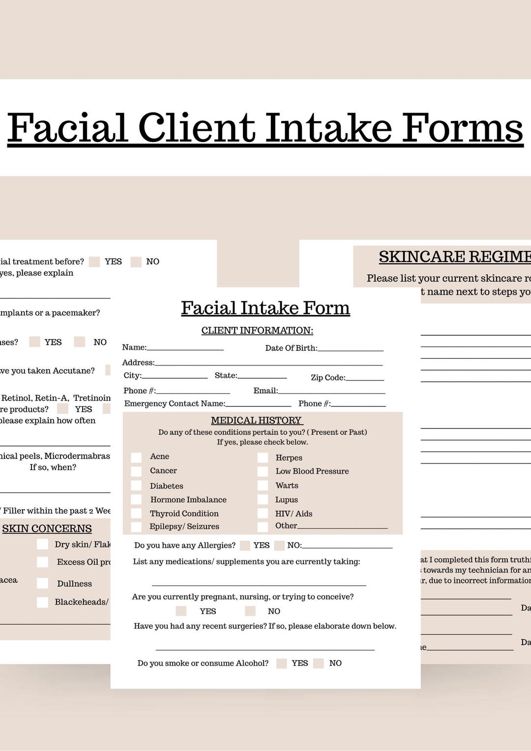Facial Client Form Esthetician Facial Client Intake Form Template: Customizable Skincare ...