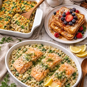 May include: A table setting featuring a variety of dishes. Includes baked casserole, French toast with berries, salmon with rice, and bowls of fruit and eggs. Garnished with fresh herbs and lemon slices.