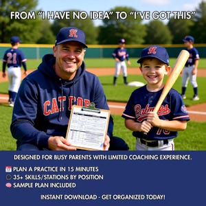 Könnte beinhalten: Ein Baseballtrainer und ein junger Spieler auf einem Baseballfeld. Der Trainer hält einen Klemmbrett, und der Junge hält einen Schläger. Der Text auf dem Bild lautet "From 'I Have No Idea' to 'I've Got This'" und "Instant Download - Get Organized Today!"