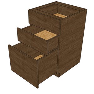 May include: A three-drawer wooden cabinet with a dark brown finish. The top drawer is open, revealing a light-colored interior. The middle drawer is partially open, and the bottom drawer is fully open, showcasing the interior. The cabinet is designed for storage.