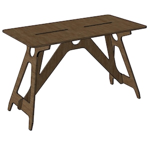 May include: A brown wooden desk with a rectangular top and two long, narrow slots. The desk has a unique, geometric leg design. The desk is approximately 48 inches long and 24 inches wide.