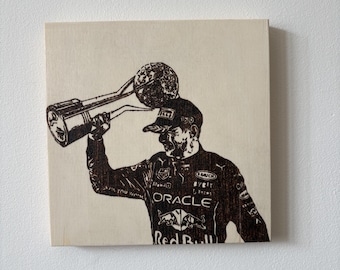 Slightly imperfect 20cm x 20cm max verstappen trophy celebration pyrography woodburning picture