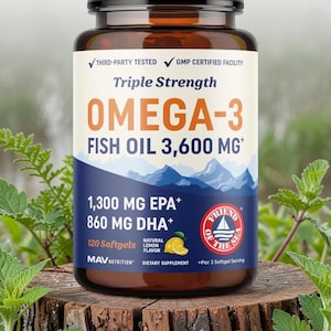 May include: A brown bottle of Triple Strength Omega-3 Fish Oil, 3,600 MG+. The label includes the text "1,300 MG EPA+ 860 MG DHA+" and "120 Softgels". The bottle is labeled "Natural Lemon Flavor" and "Dietary Supplement".