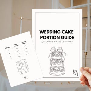 Puede incluir: Una guía de porciones de pastel de bodas en blanco y negro con una ilustración detallada de un pastel de varios niveles. La guía incluye una tabla con el tamaño del pastel, las porciones para los dedos y las porciones de postre.