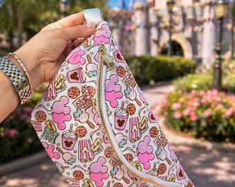 Pink Cartoon Theme Fanny Pack, Cute Snack Print Belt Bag, Aesthetic Waist Bag, Theme Park Crossbody, Kawaii Festival Bag, Gift for Her