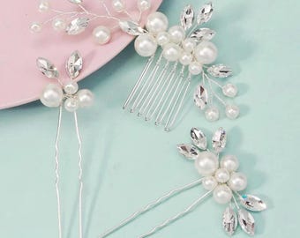 Pearl Bridal Hair Pins Set – Elegant Wedding Hair Accessories – Crystal Hair Comb & Pins for Bride – Boho Wedding Hairpiece