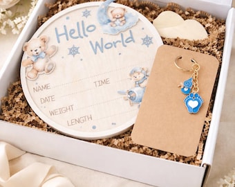 Personalized Baby Boy Gift Box – Hello World Wooden Birth Announcement Sign & Cute Charm Keychain – Newborn Keepsake Gift